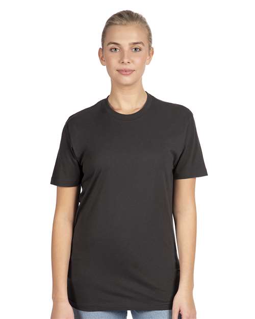 Model wearing the Next Level 3600 in Graphite Black, front view