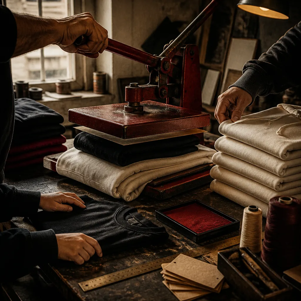 Hands working around a heat press with folded custom garments in The Family Press Co. workshop