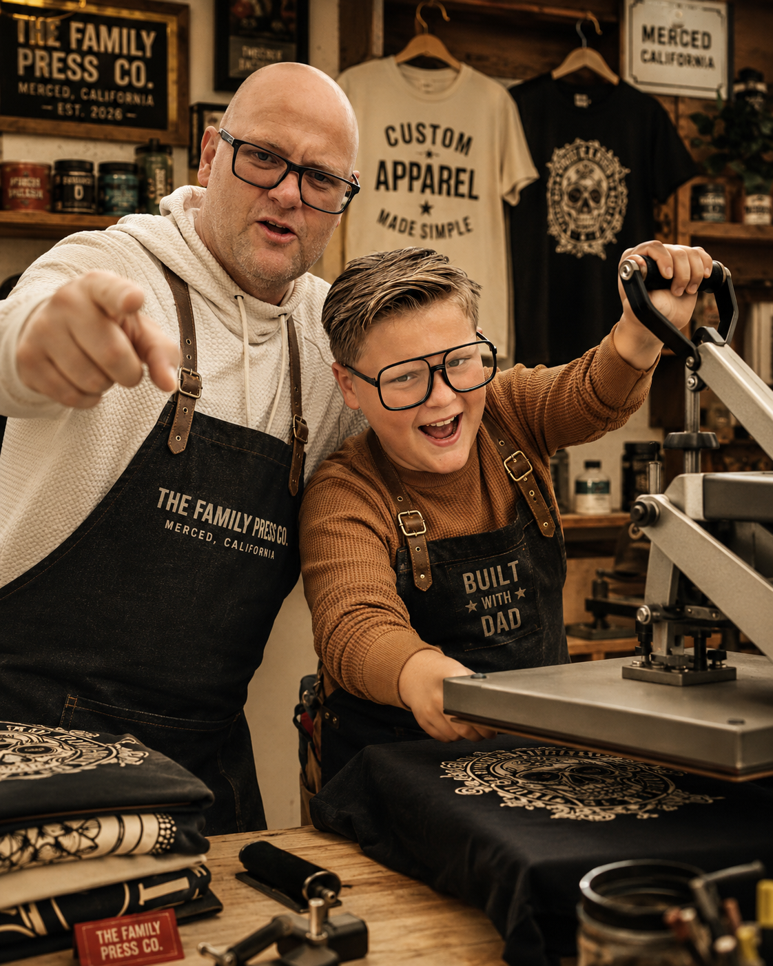 Mark and Jackson working together in The Family Press Co. workshop, Merced CA
