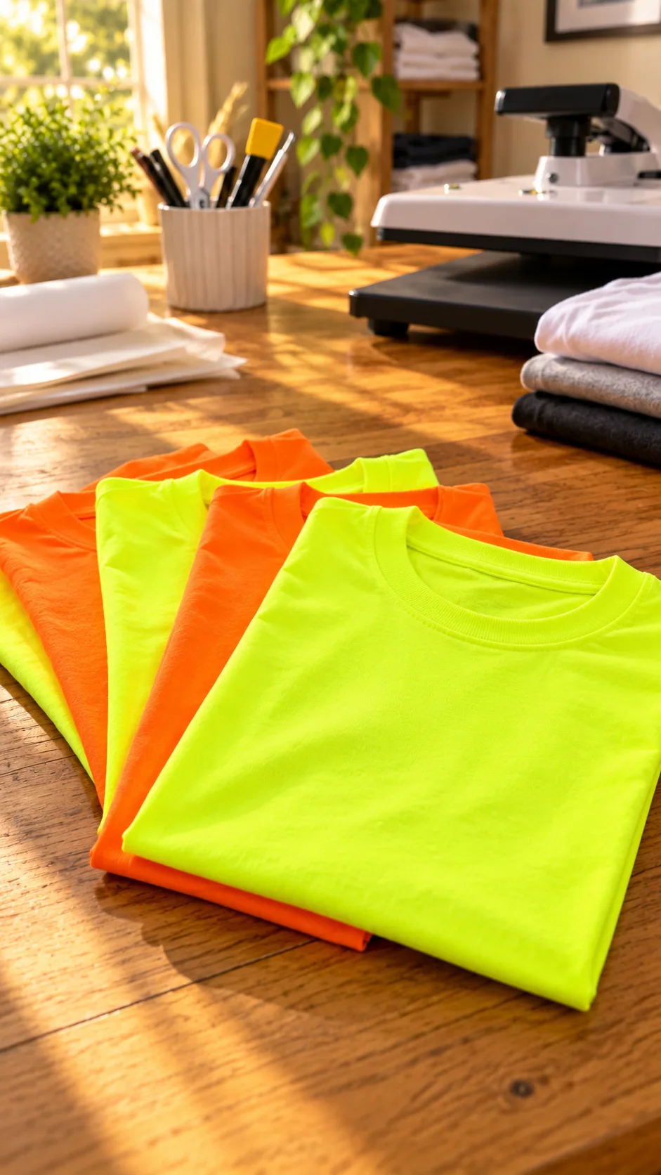 Folded neon yellow and orange blank garments on a work surface.