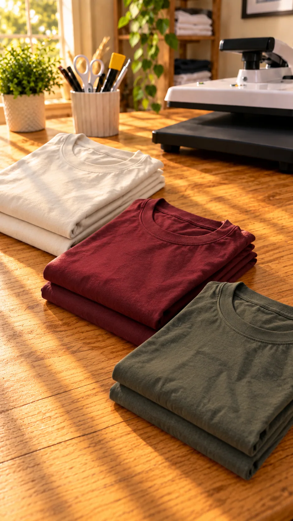 Folded white, maroon, and dark green blank garments on a work surface.
