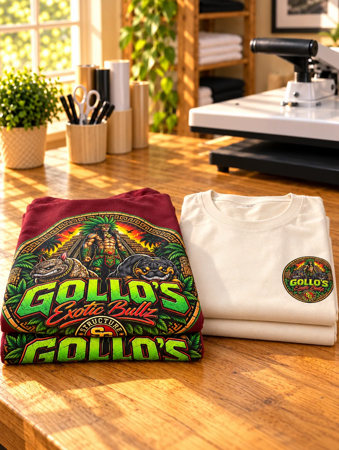 Folded maroon Gollo’s apparel with a colorful printed design visible.