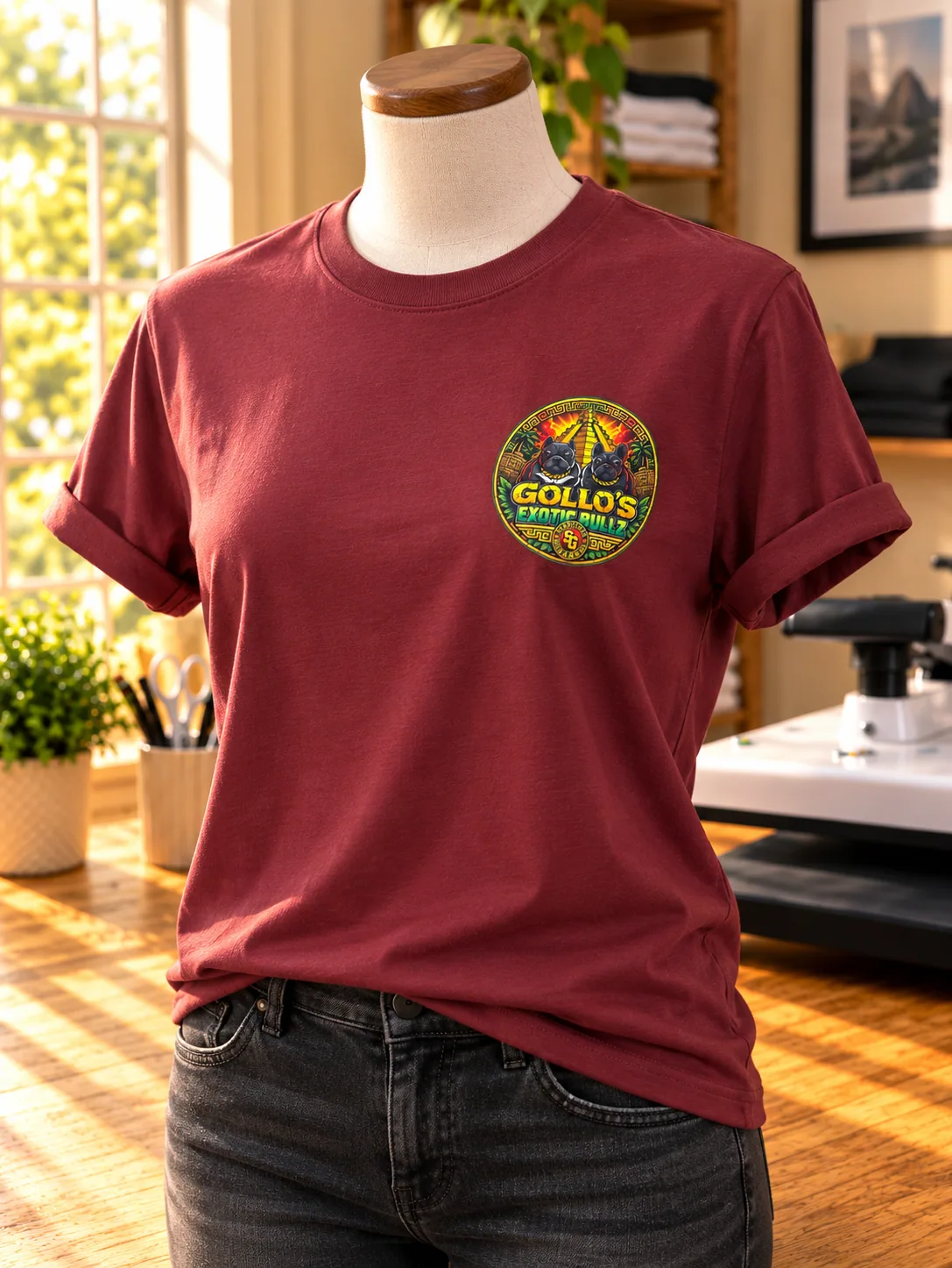 Front view of a maroon Gollo’s tee with a small chest logo.