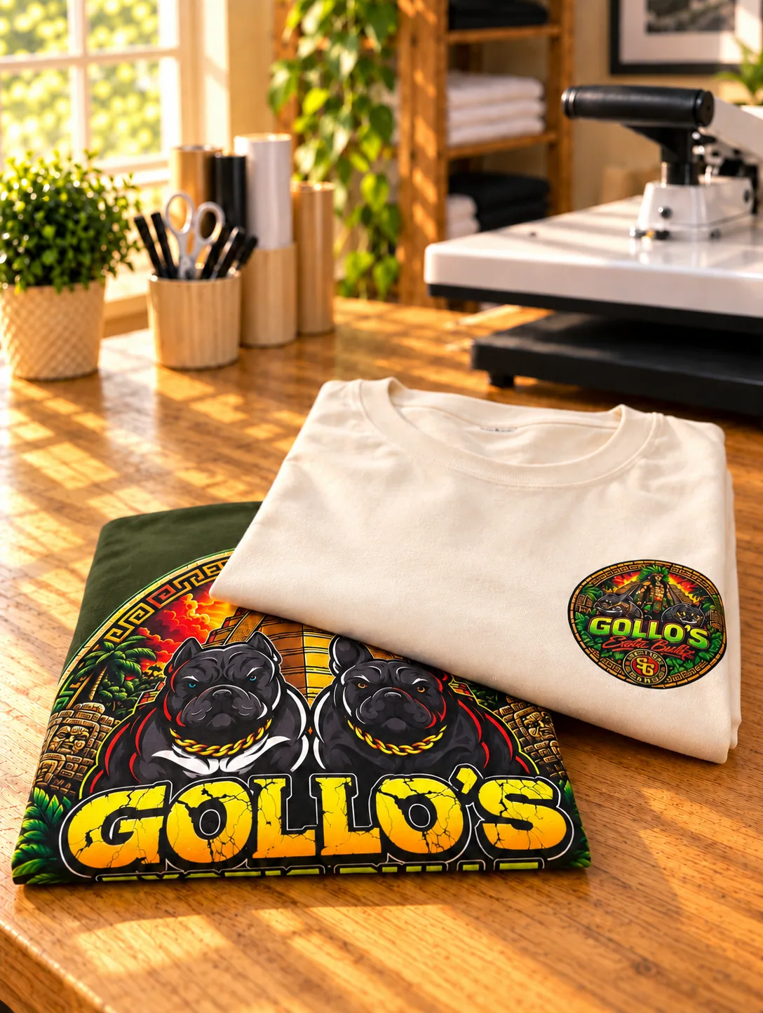 Close view of colorful Gollo’s artwork on folded dark apparel.