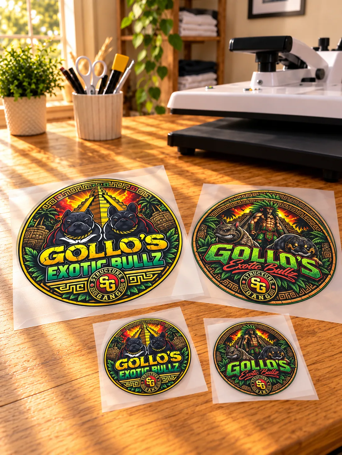 Four colorful Gollo’s logo transfers arranged on a work surface.