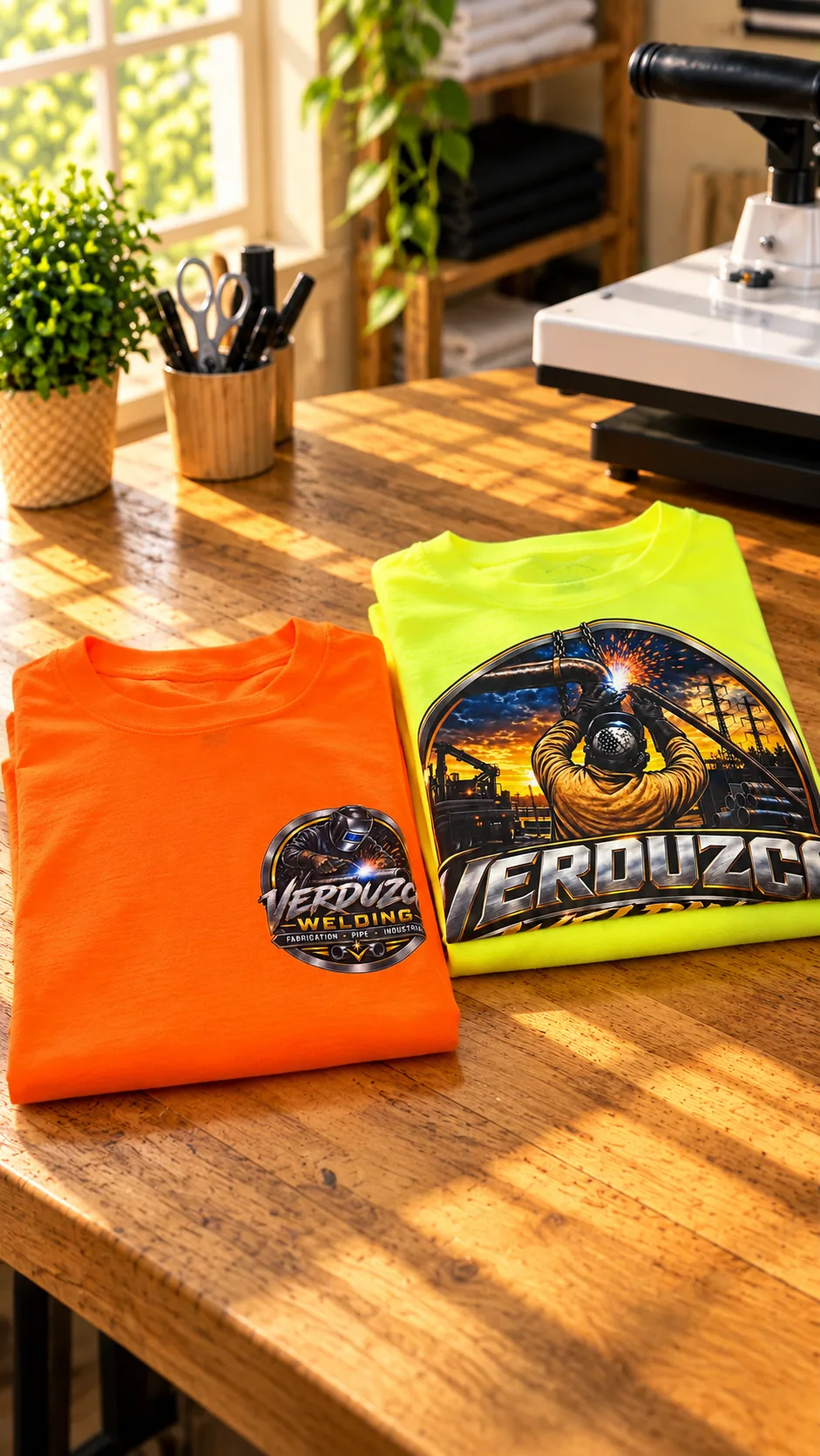 Orange and neon yellow garments arranged beside a welding-themed transfer.