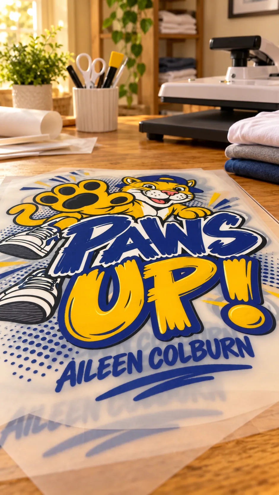 Close view of blue-and-gold Paws Up transfer artwork.