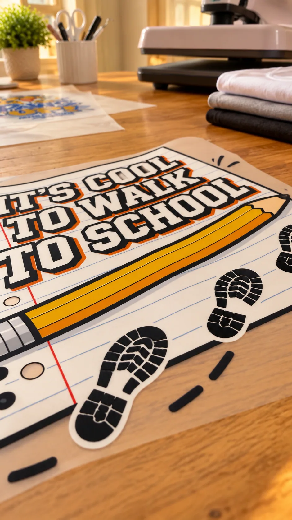 School-themed “It’s Cool to Walk to School” transfer artwork arranged on a printed sheet.
