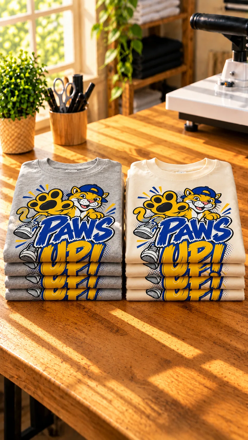 Folded white Paws Up tees showing the matching blue-and-gold design.