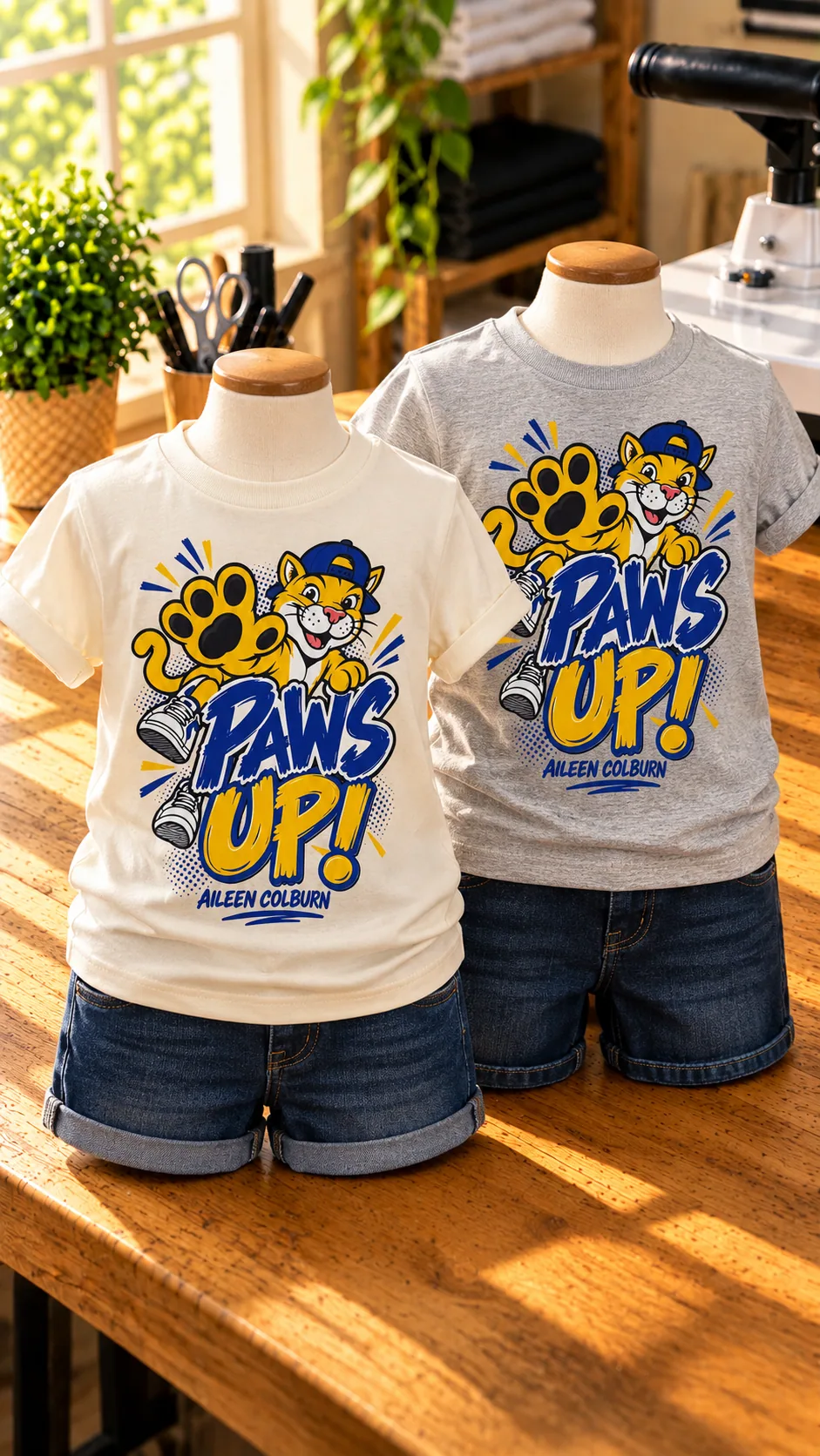 Two white Paws Up tees displayed with blue-and-gold school spirit artwork.
