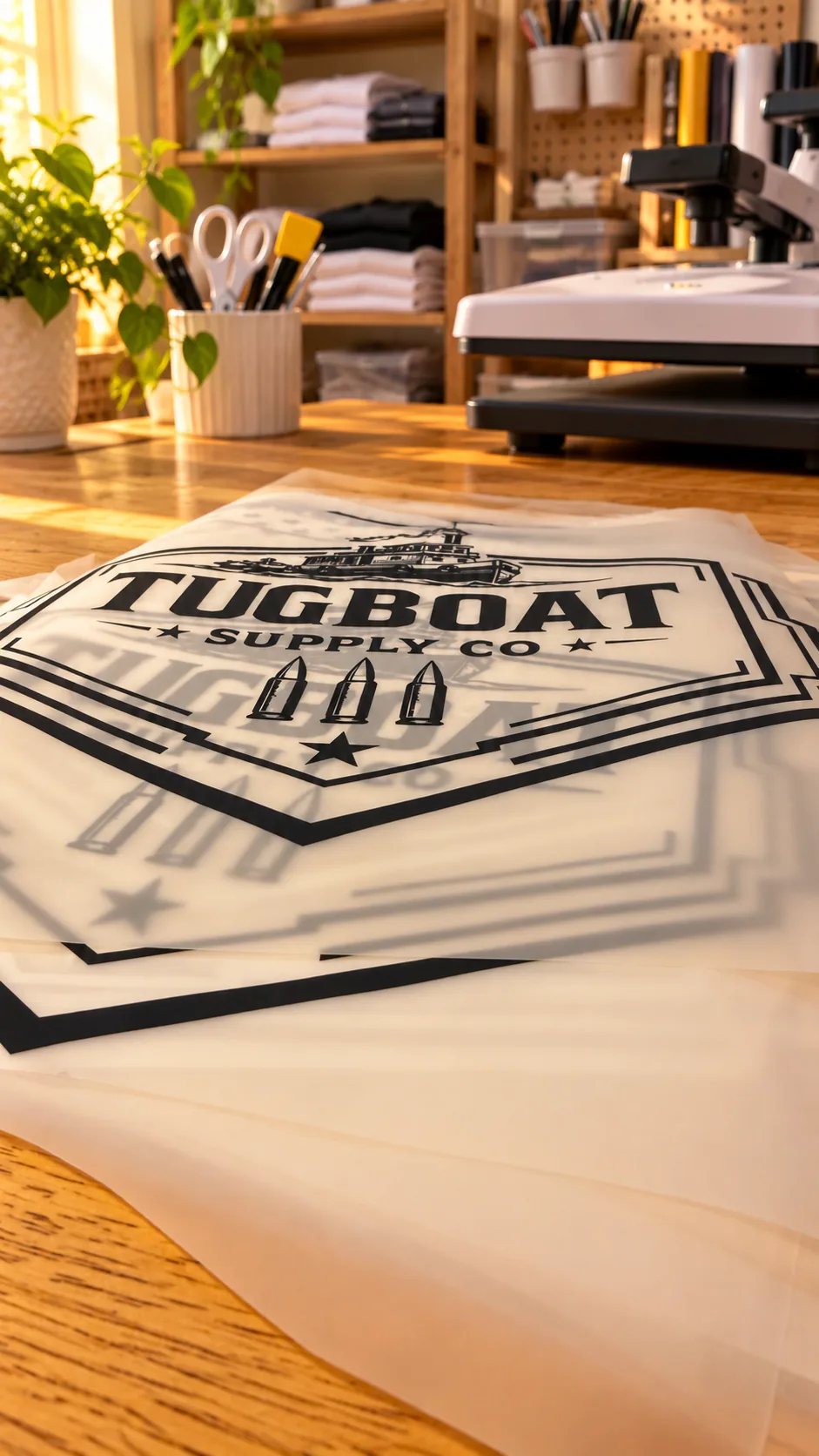 Black-and-gold Tugboat Supply Co. artwork on a transfer sheet.