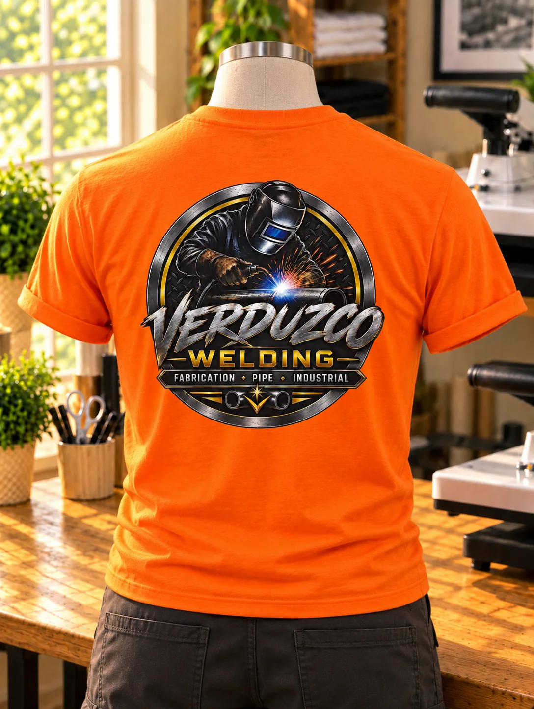 Back view of an orange workwear tee with a large welding-themed print.