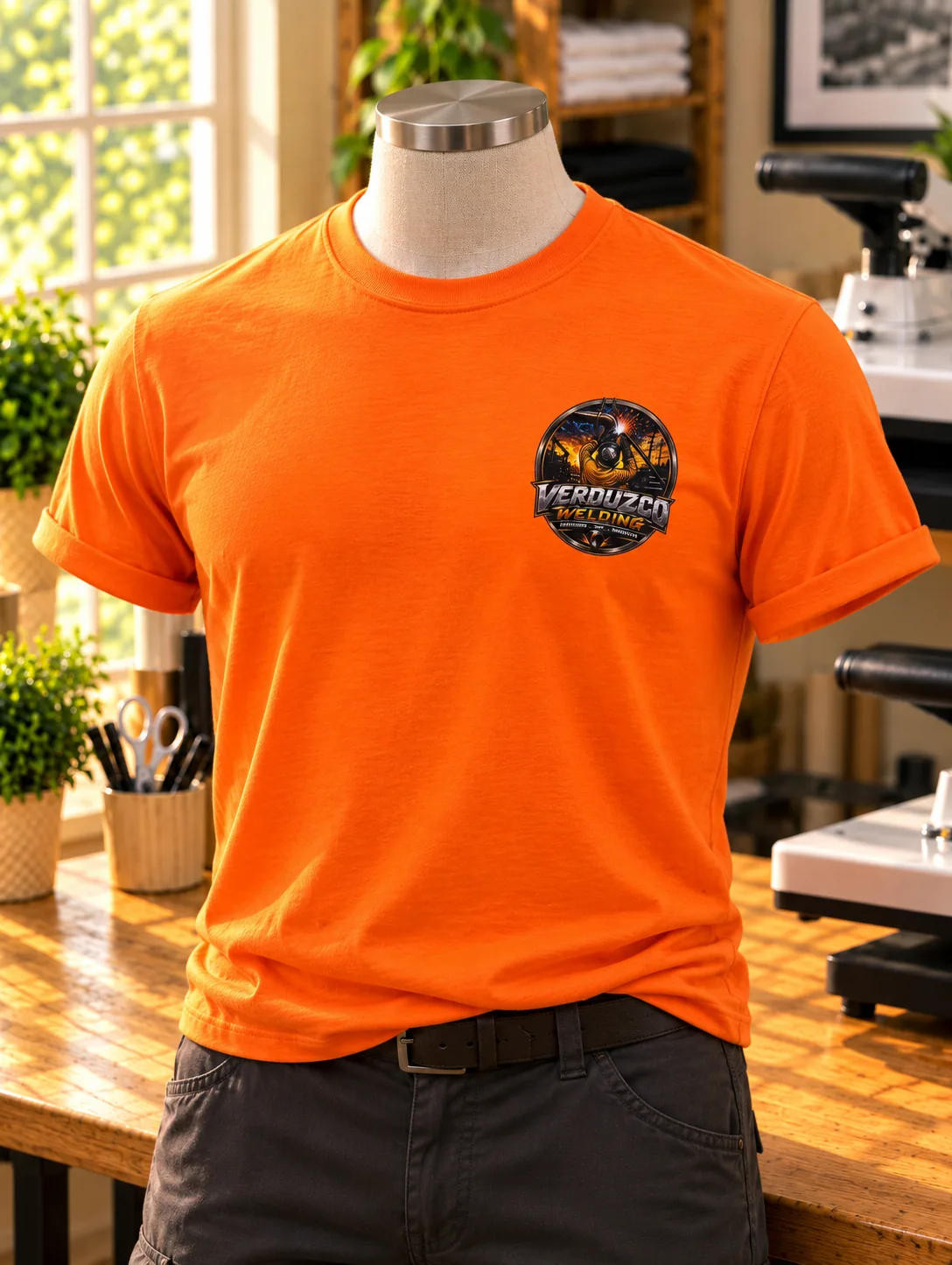 Front view of an orange workwear tee with a small chest print.