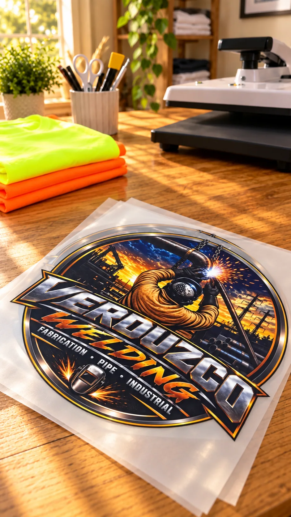 Welding-themed full-color transfer artwork displayed on a work surface.