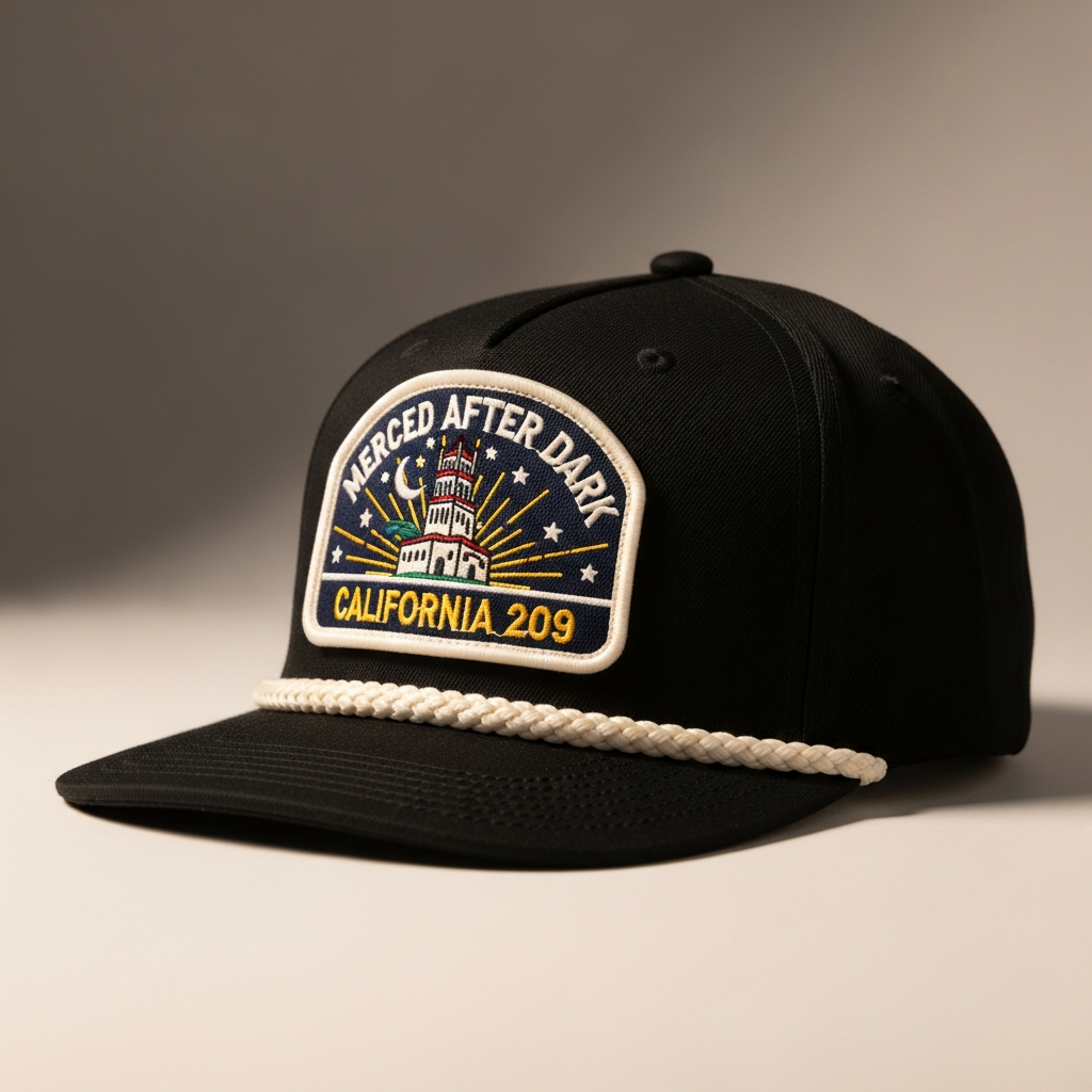 Black rope cap with Merced After Dark semi-circular patch - vintage downtown Merced tower under a night sky