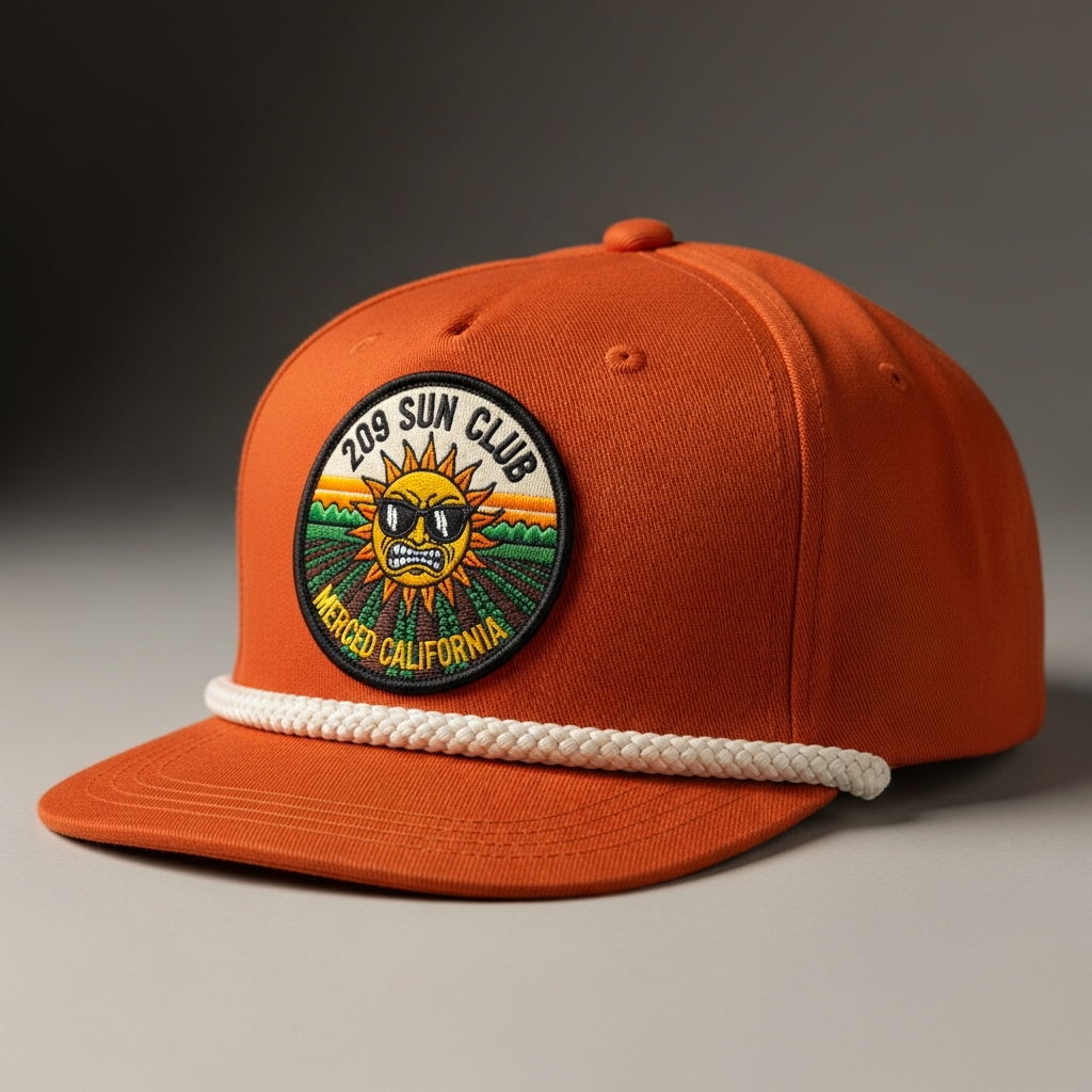 Burnt orange rope cap with 209 Sun Club round embroidered patch - retro sun face with Central Valley lettering