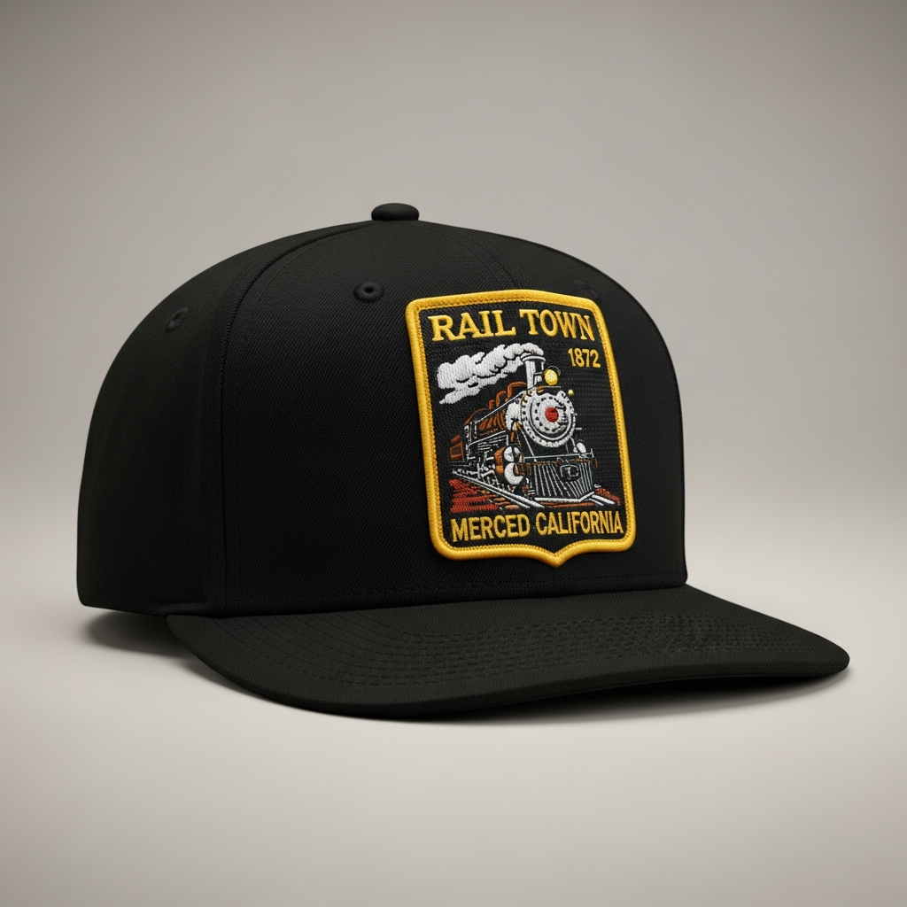 Black structured cap with Rail Town 1872 shield-shaped woven patch - vintage steam locomotive facing forward with railroad tracks