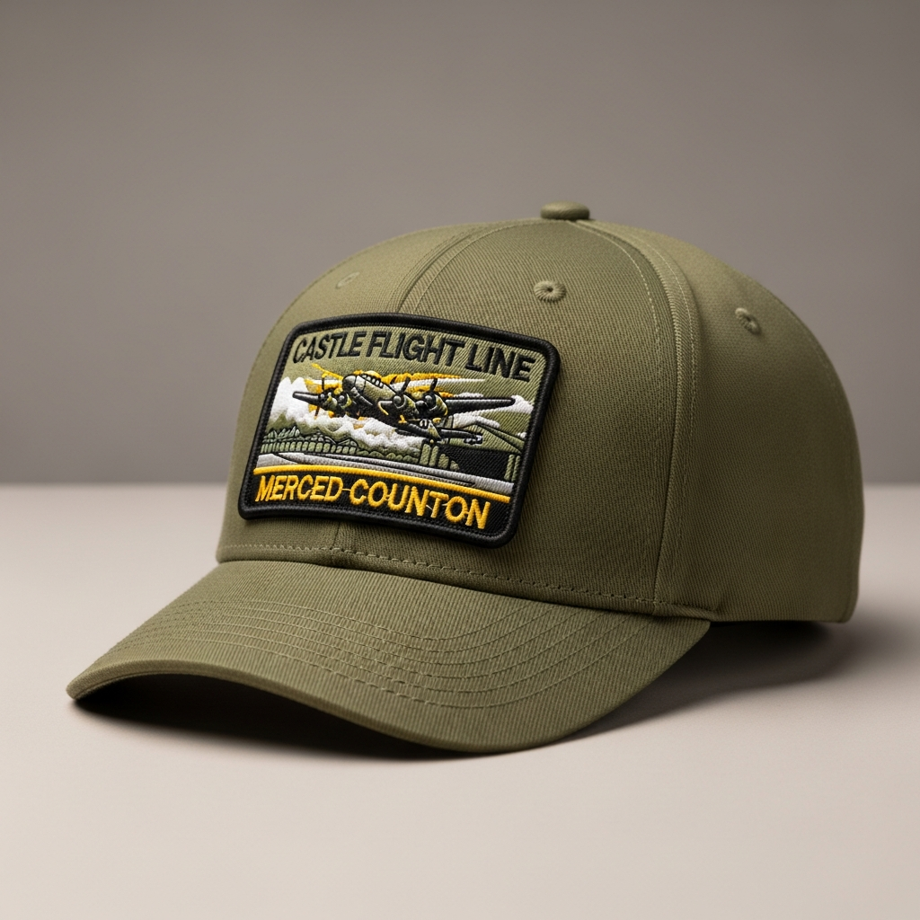Olive structured cap with Castle Flight Line rectangular woven patch - vintage bomber aircraft over Merced County airfield