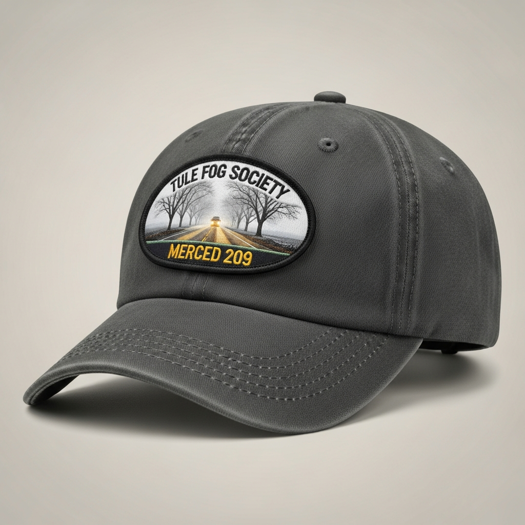 Washed charcoal low-profile cap with Tule Fog Society oval patch - foggy Central Valley road with headlights cutting through morning fog