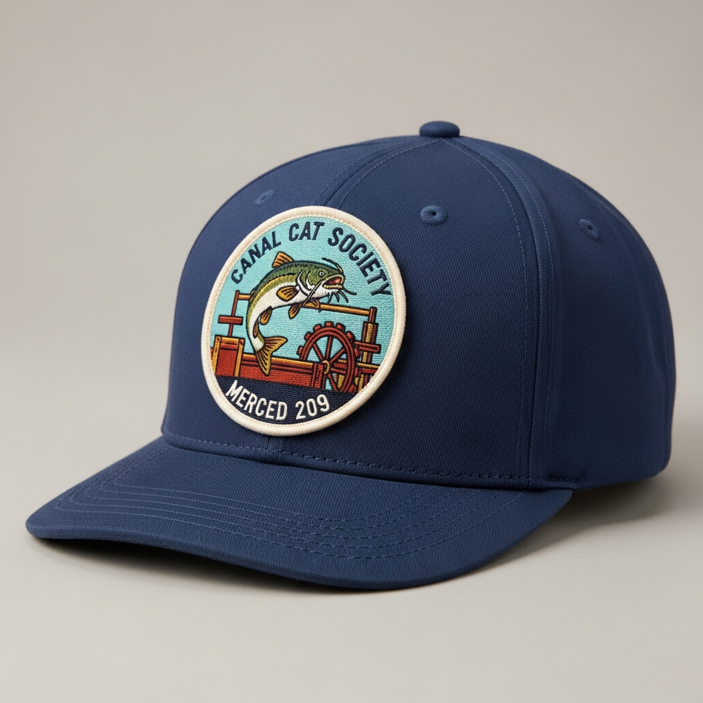 Petrol blue cap with Canal Cat Society round woven patch - vintage catfish and irrigation wheel illustration