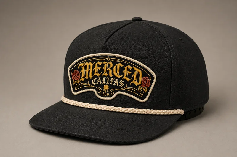 Black rope cap with Merced Califas embroidered-style patch in bold Chicano lettering