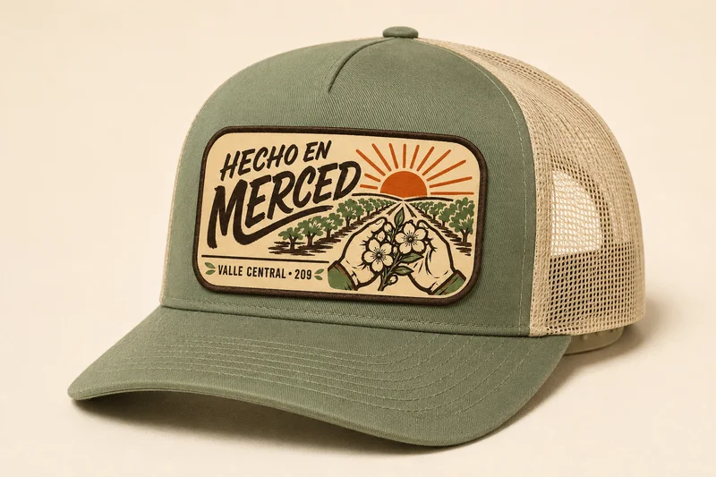 Sage and cream trucker hat with Hecho en Merced agricultural patch concept