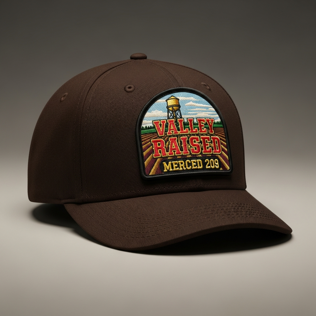 Dark brown curved-brim cap with Valley Raised oval embroidered patch - bold western typography with water tower and valley fields