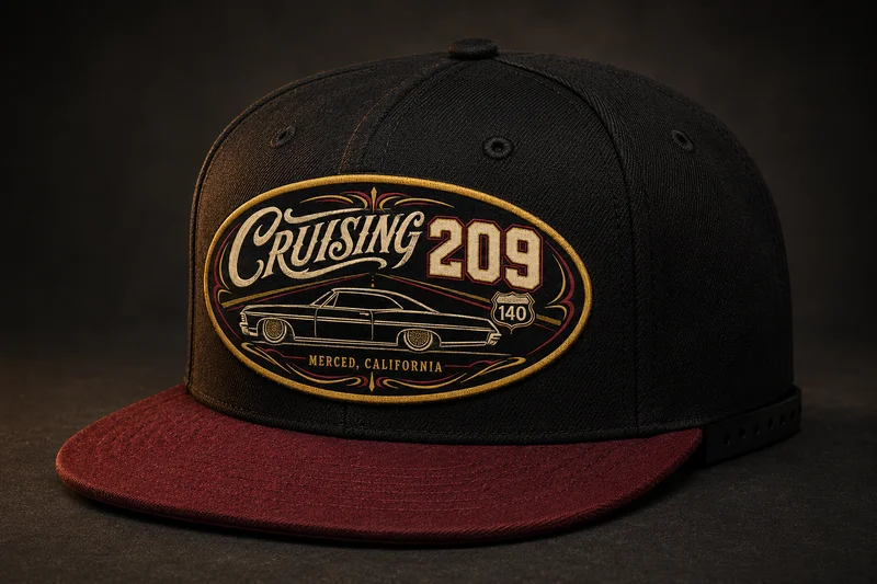 Black and burgundy flatbill cap with Cruising 209 patch concept in lowrider-inspired lettering