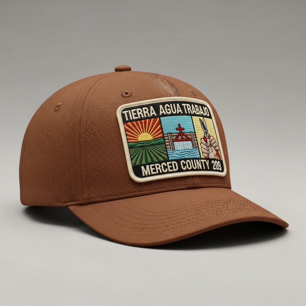 Brown workwear cap with Tierra Agua Trabajo shield-shaped woven patch - three-panel design showing fields, water, and pruning shears