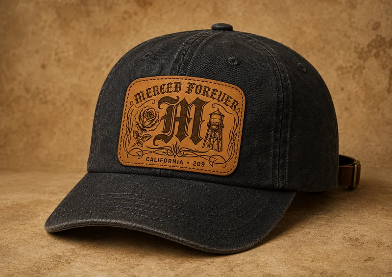 Faded black workwear cap with Merced Forever faux leather patch concept