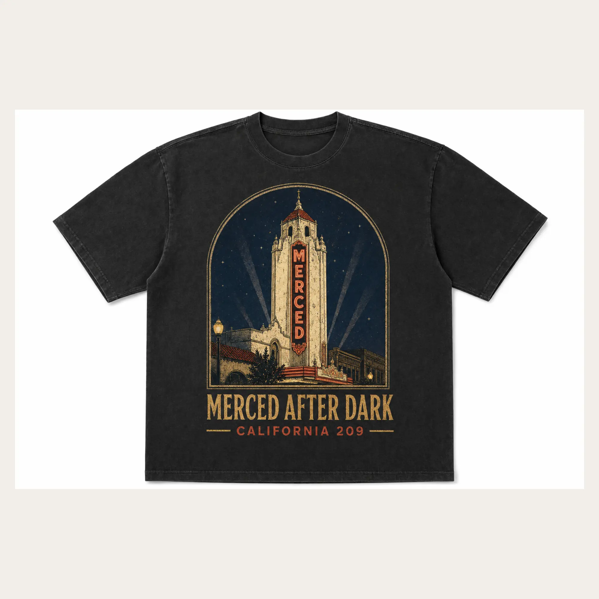 Washed black Merced After Dark graphic T-shirt with a vintage downtown tower illustration