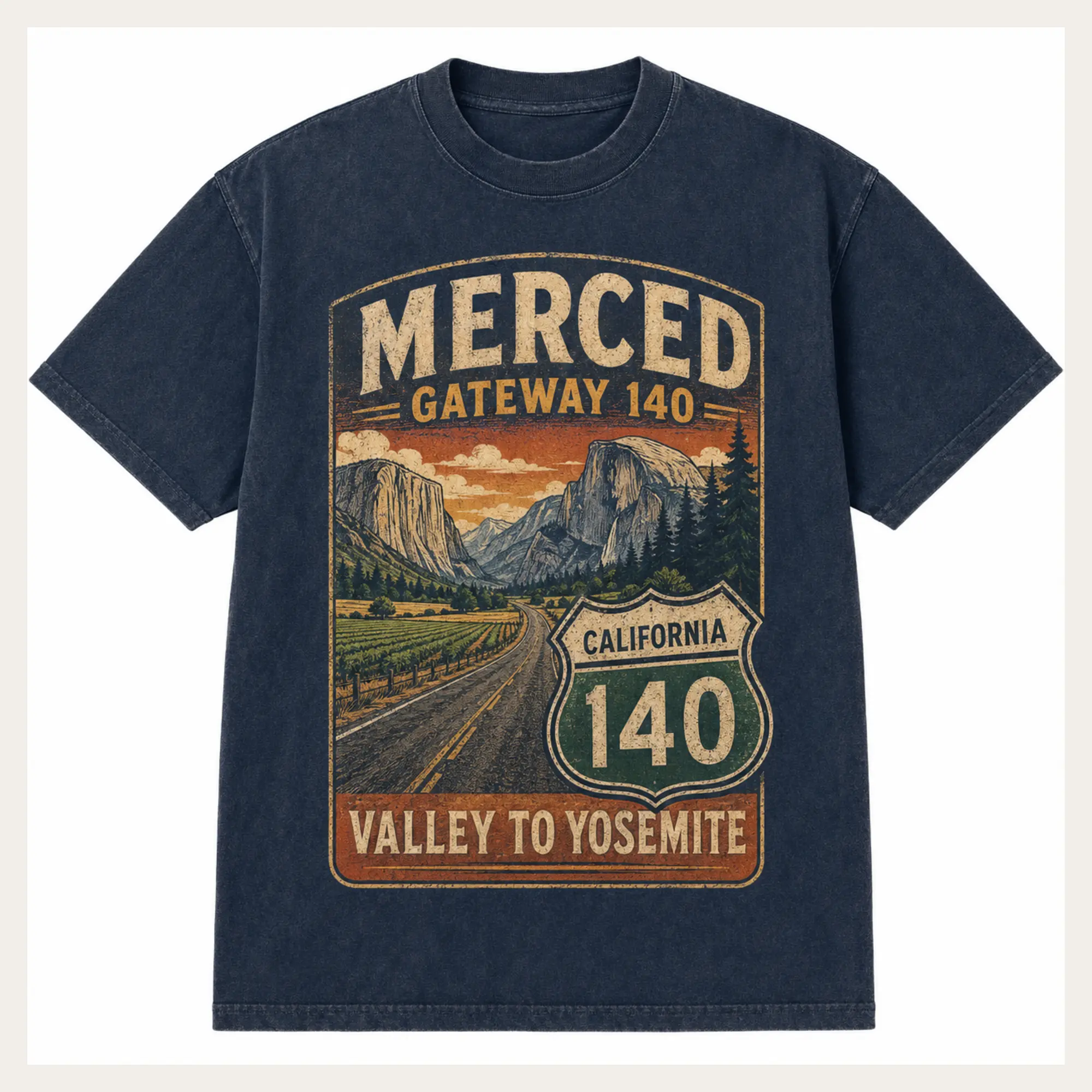 Navy Merced Gateway 140 graphic T-shirt with a vintage Yosemite road scene