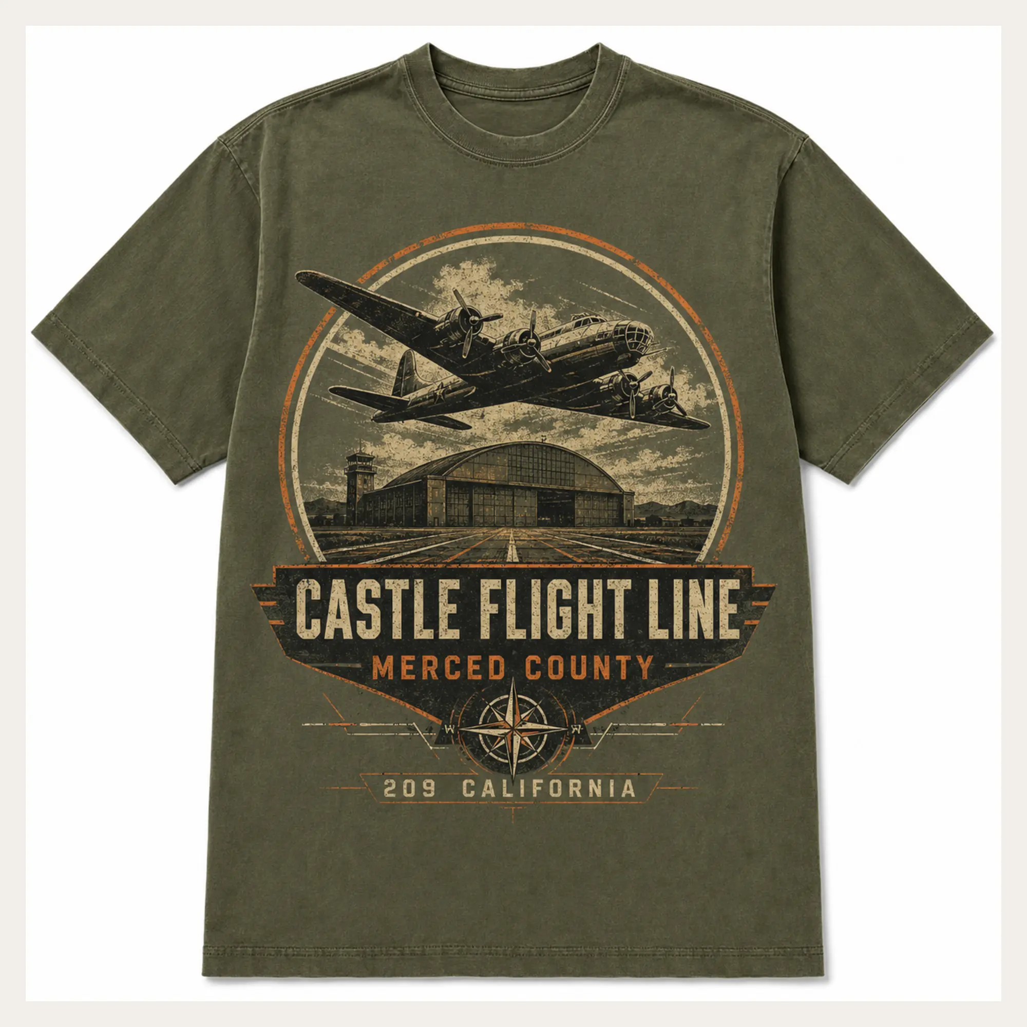 Military green Castle Flight Line graphic T-shirt with a vintage aircraft and hangar illustration