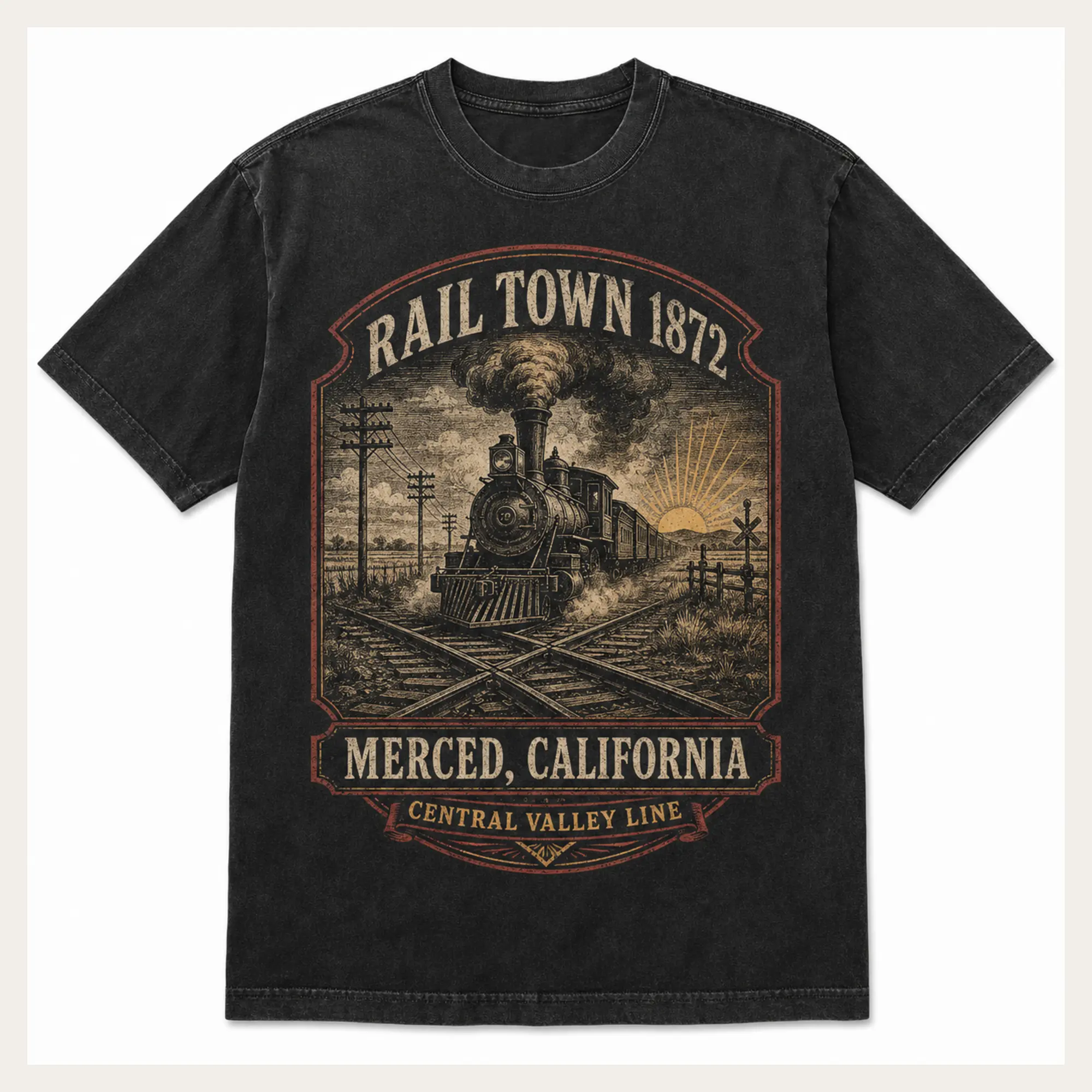 Washed black Rail Town 1872 Merced graphic T-shirt with a vintage steam train and railroad tracks