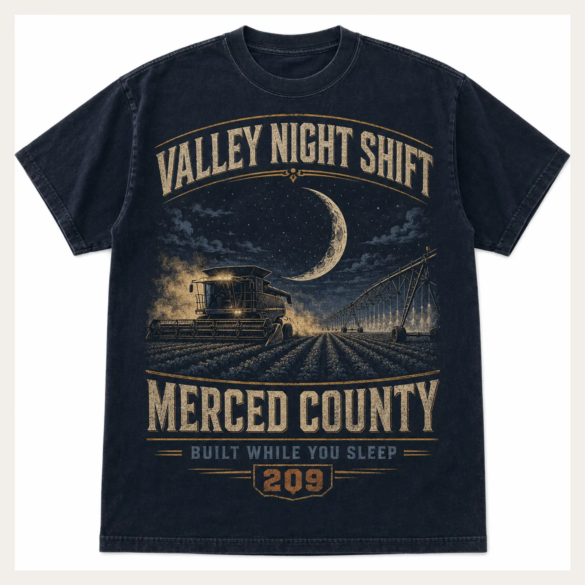 Navy Valley Night Shift Merced County graphic T-shirt with a moonlit agricultural scene