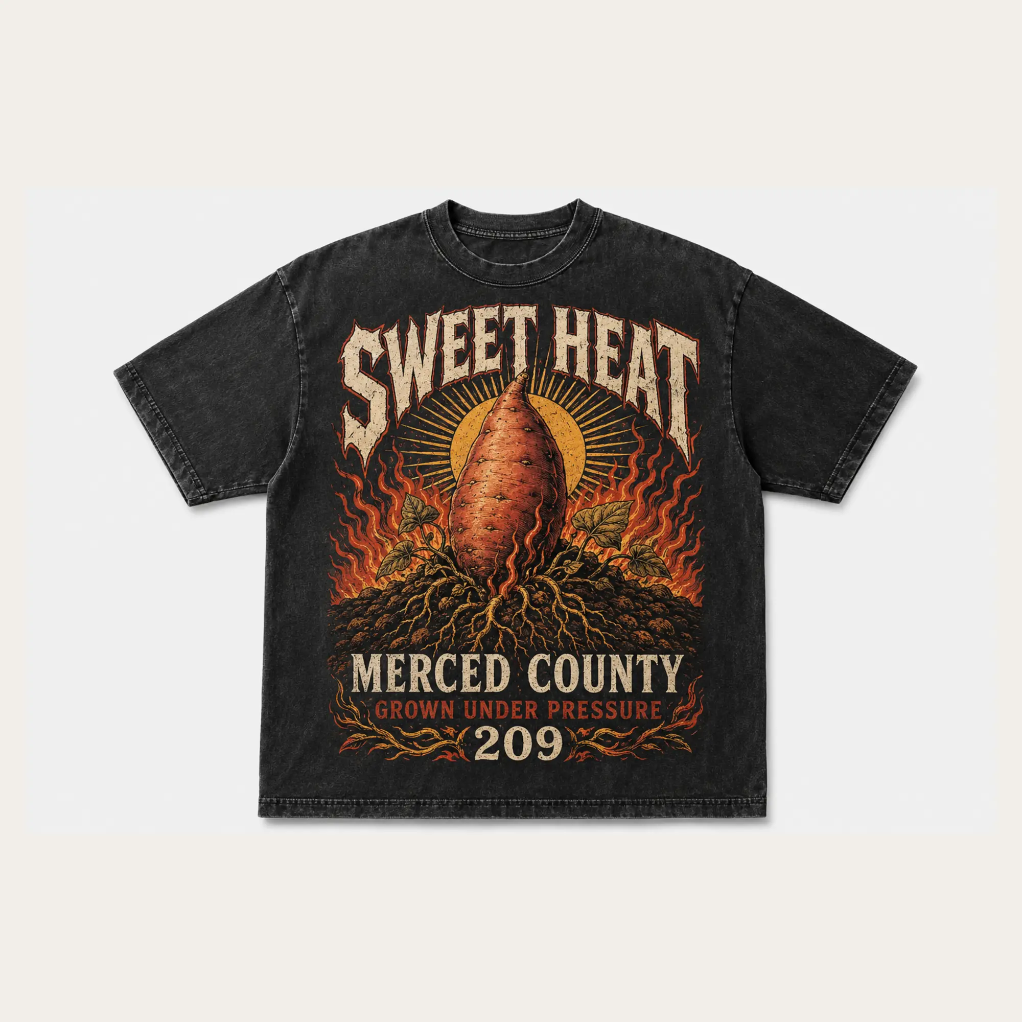 Washed black Sweet Heat Merced County graphic T-shirt with fiery produce and vintage sunburst artwork
