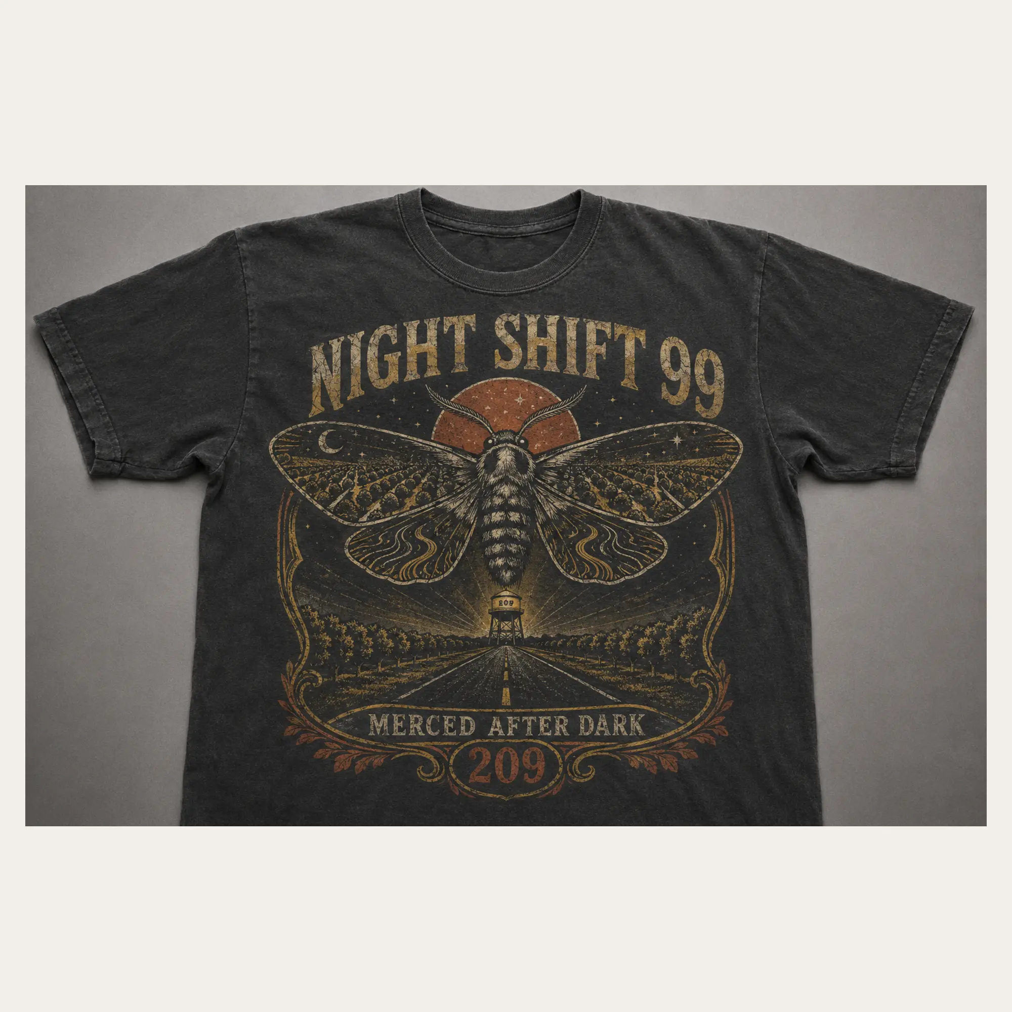 Washed charcoal Night Shift 99 Merced graphic T-shirt with a distressed nocturnal moth illustration