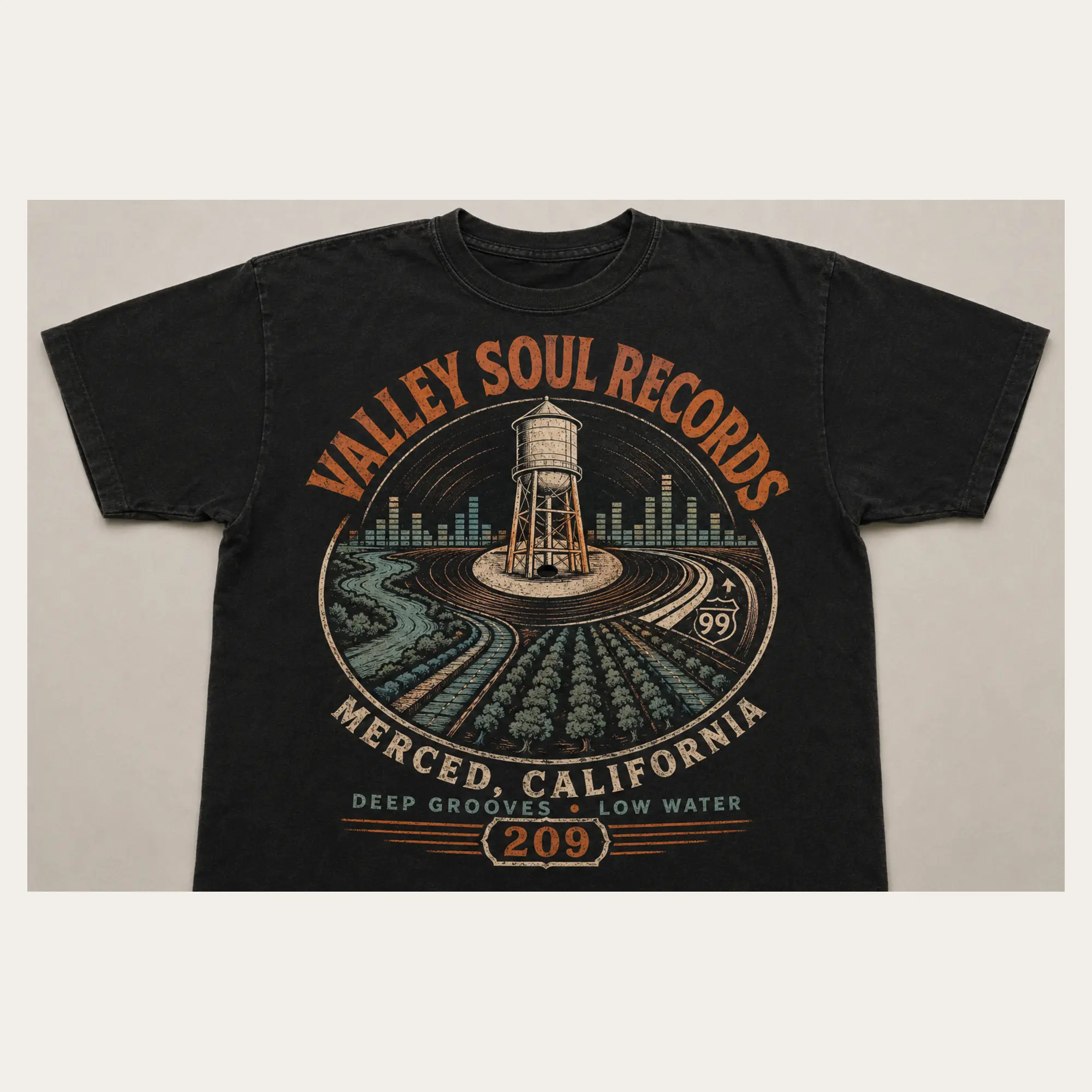 Washed black Valley Soul Records Merced graphic T-shirt with a vintage water tower and record-groove road
