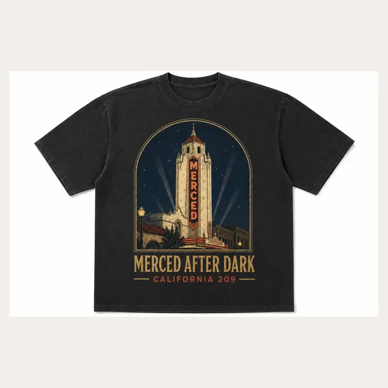 Washed black Merced After Dark graphic T-shirt with a vintage downtown tower illustration