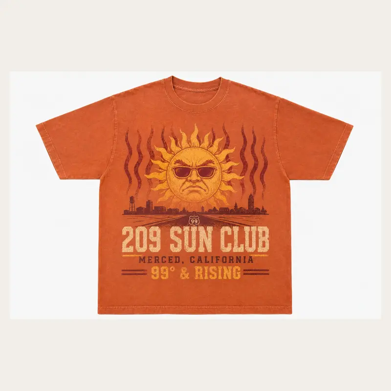 Burnt orange 209 Sun Club graphic T-shirt with a retro sun and Merced California lettering