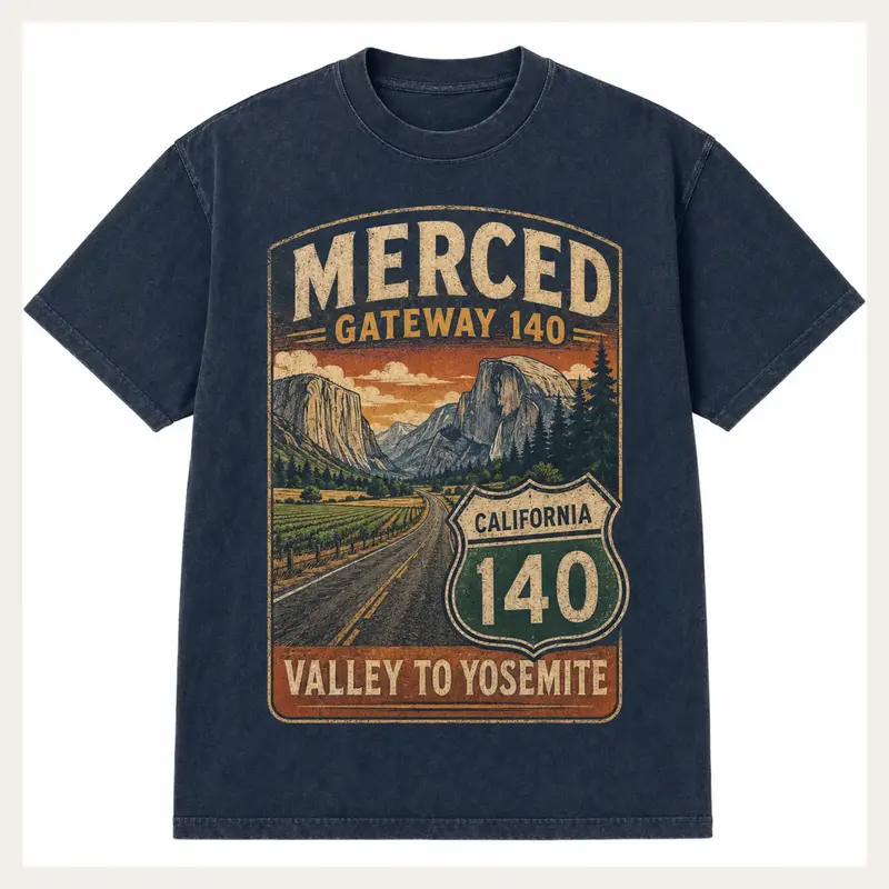 Navy Merced Gateway 140 graphic T-shirt with a vintage Yosemite road scene
