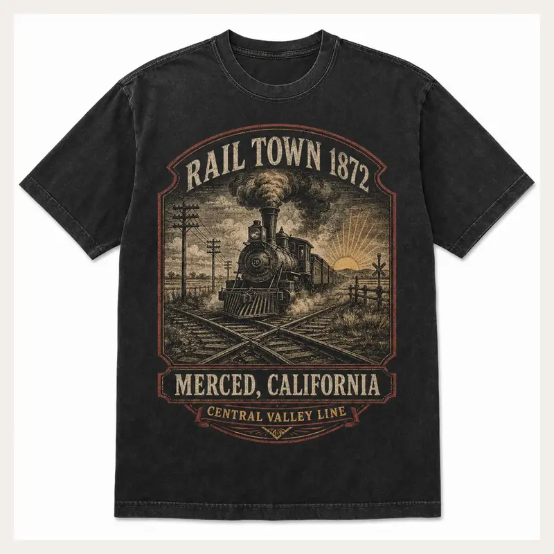 Washed black Rail Town 1872 Merced graphic T-shirt with a vintage steam train and railroad tracks