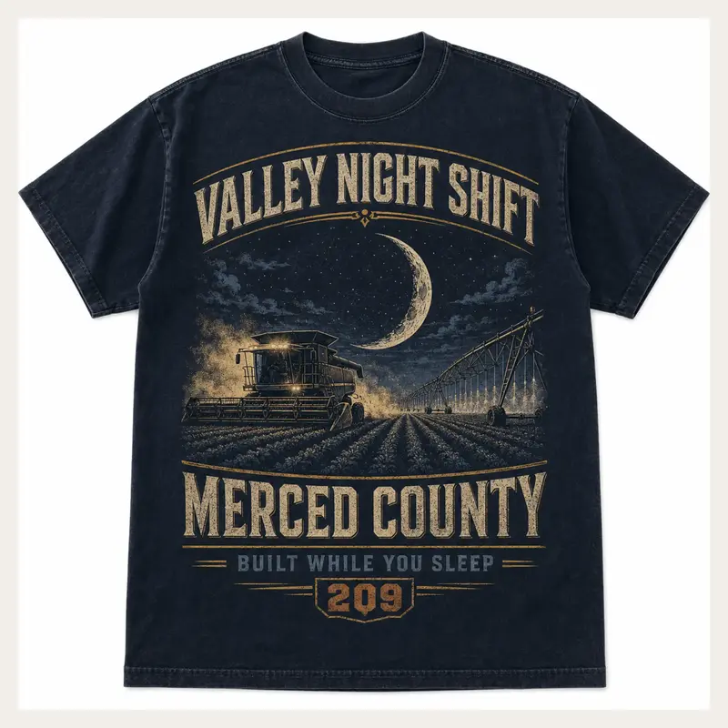 Navy Valley Night Shift Merced County graphic T-shirt with a moonlit agricultural scene
