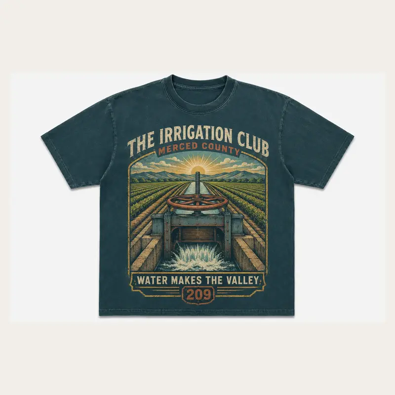 Dark teal Irrigation Club Merced County graphic T-shirt with a vintage canal and field illustration