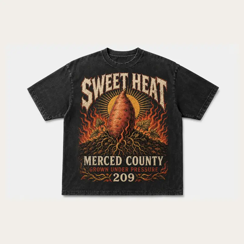 Washed black Sweet Heat Merced County graphic T-shirt with fiery produce and vintage sunburst artwork