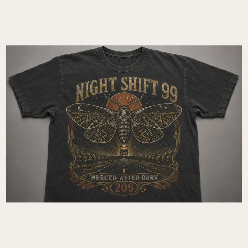 Washed charcoal Night Shift 99 Merced graphic T-shirt with a distressed nocturnal moth illustration