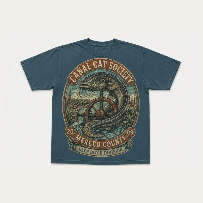 Petrol blue Canal Cat Society Merced graphic T-shirt with a vintage catfish and irrigation wheel illustration