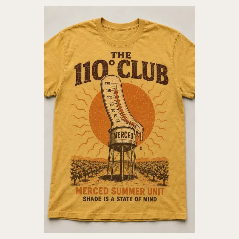 Mustard yellow 110 Degree Club Merced graphic T-shirt with a retro thermometer illustration
