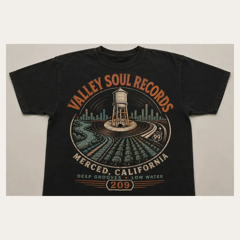 Washed black Valley Soul Records Merced graphic T-shirt with a vintage water tower and record-groove road