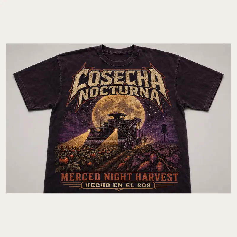Black plum Cosecha Nocturna Merced graphic T-shirt with a moonlit night-harvest scene